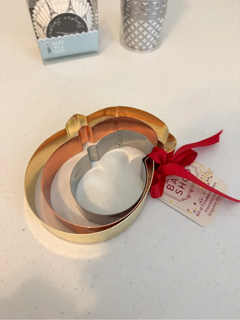 NWT Baking Set- Paris Cupcake Liners, Silver Baking Cups, 3-Pk Cookie Cutters